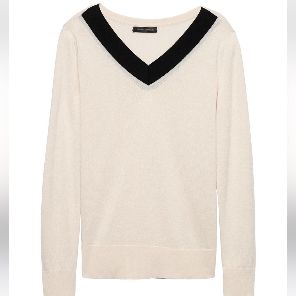 Banana Republic Varsity Merino Wool, Silk & Cashmere Vneck Sweater
